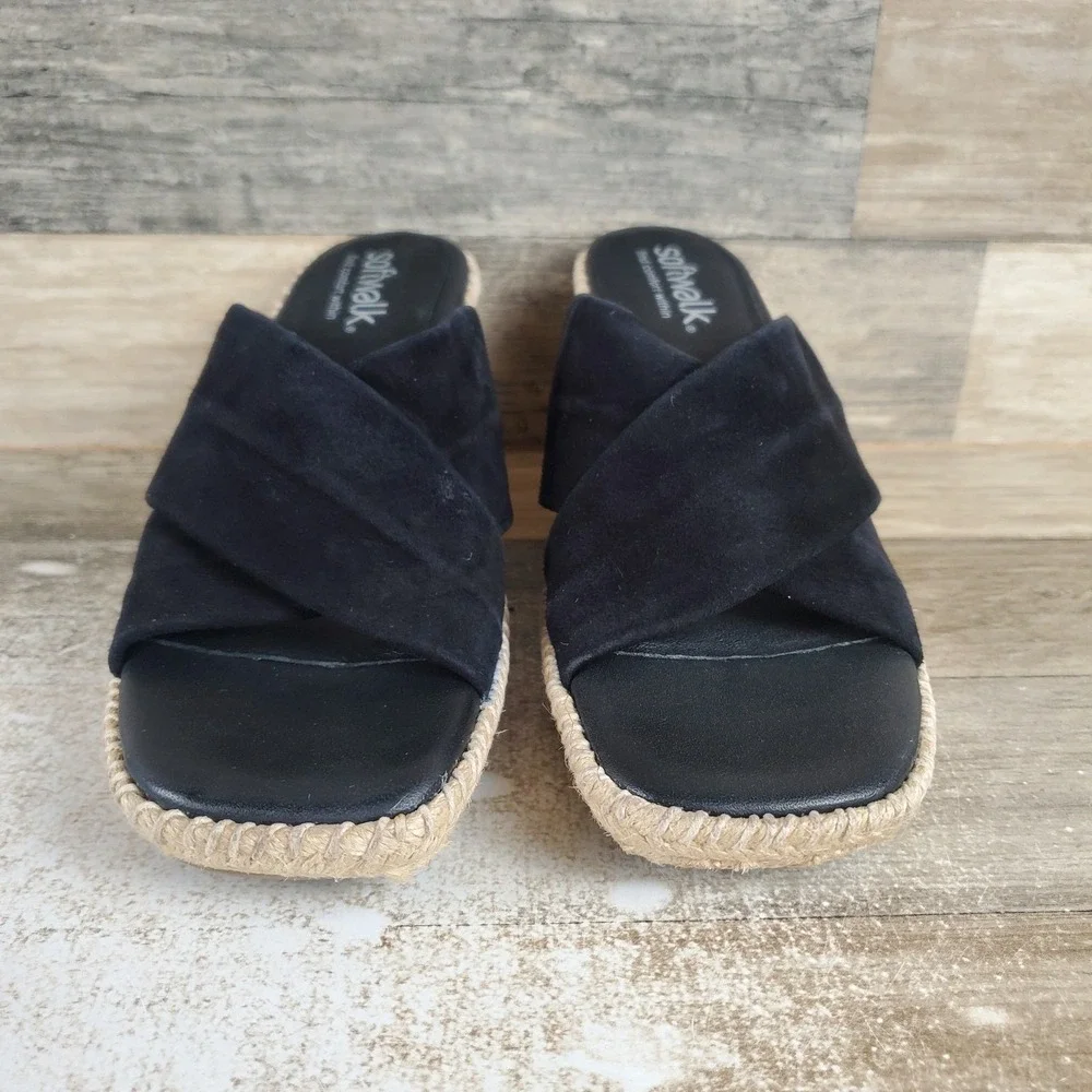 SoftWalk Hastings Women Wedge Slide Sandal Sz 9.5 N Black Suede Slip On Open Toe